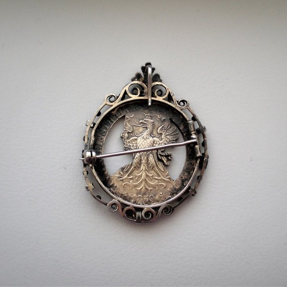 Antique Sterling 1859 Germany Frankfurt Veneinsthaler Coin Pendant Brooch Pin - Picture 3 of 3